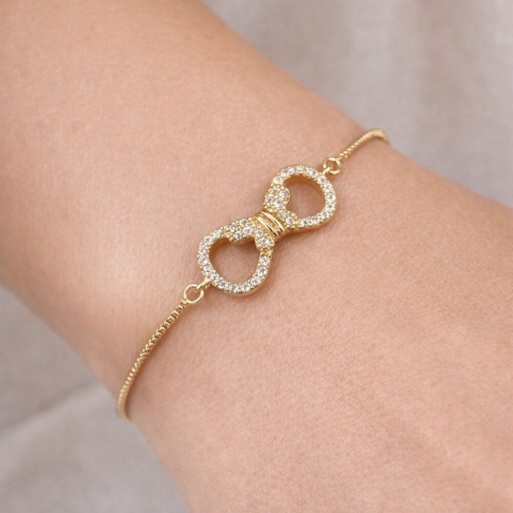 NEW Butterfly Infinity CZ Loops Adjustable Lariat Bracelet Yellow Gold Plating